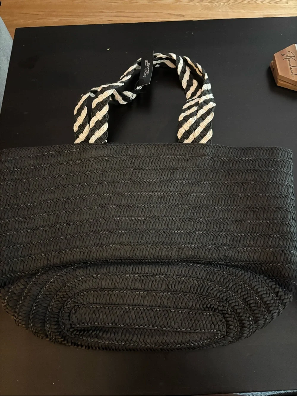 Rachel Zoe Black Woven Tote with Black and White Twisted Rope Handles